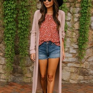 G BY GUILIANA Rib Knit Dusty Rose Cardigan Duster, M